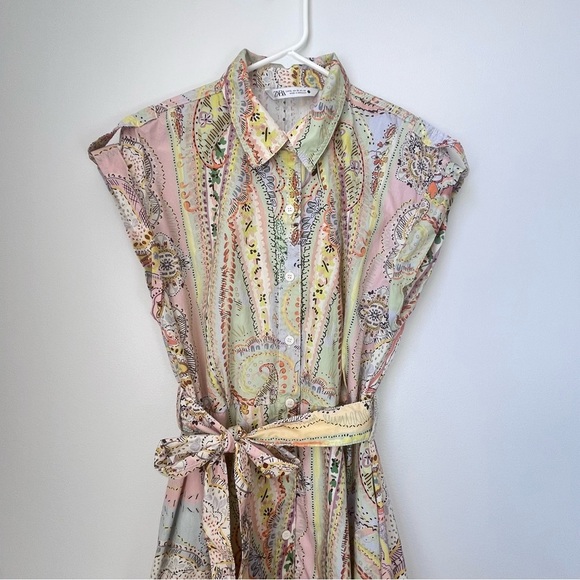 Zara Paisley Printed Midi Belted Shirt Dress Size XL - Picture 4 of 15